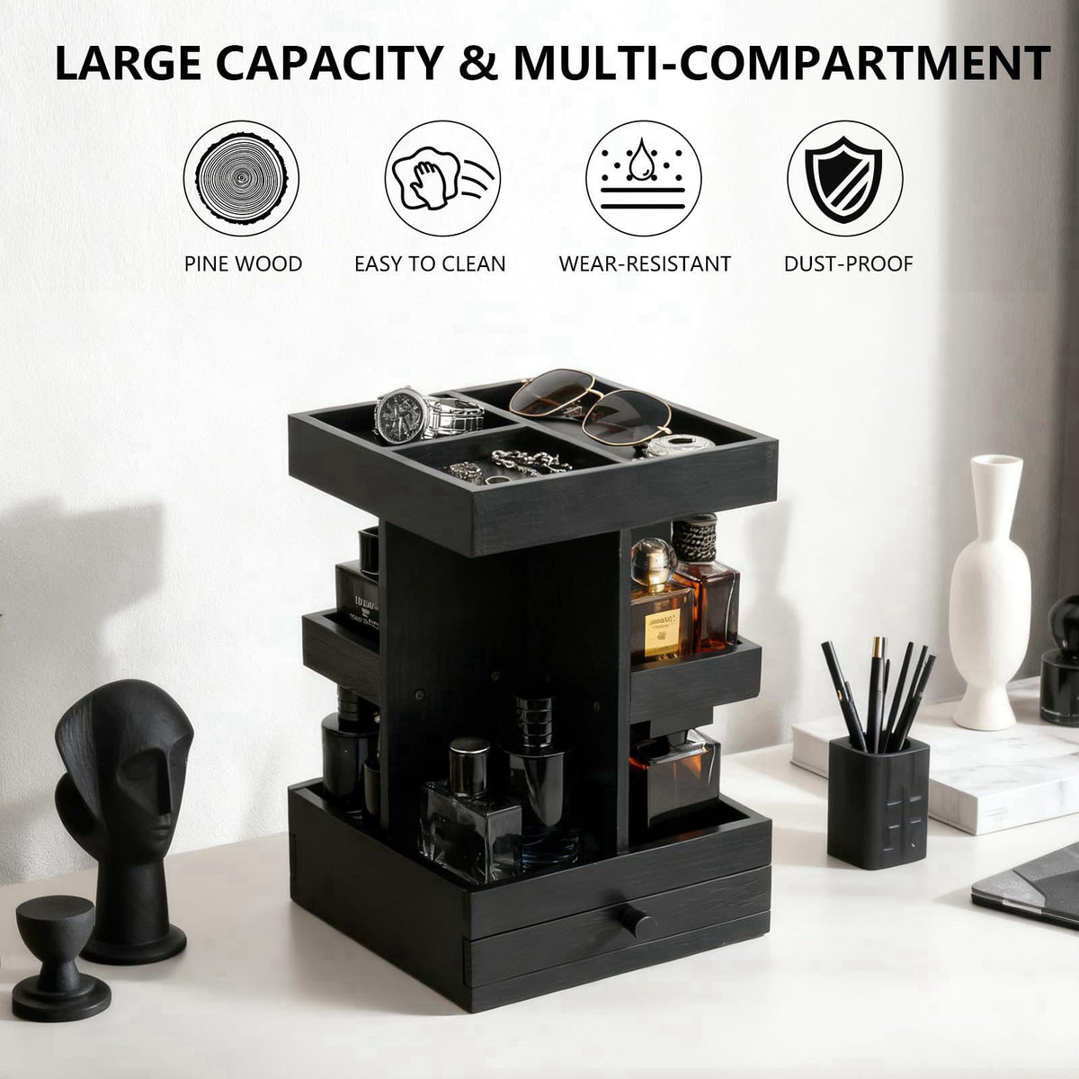 VYNOPA Rotating Cologne Organizer for Men – Black Wooden Perfume Stand with Dual Drawers, Multi-Tier Fragrance Display &