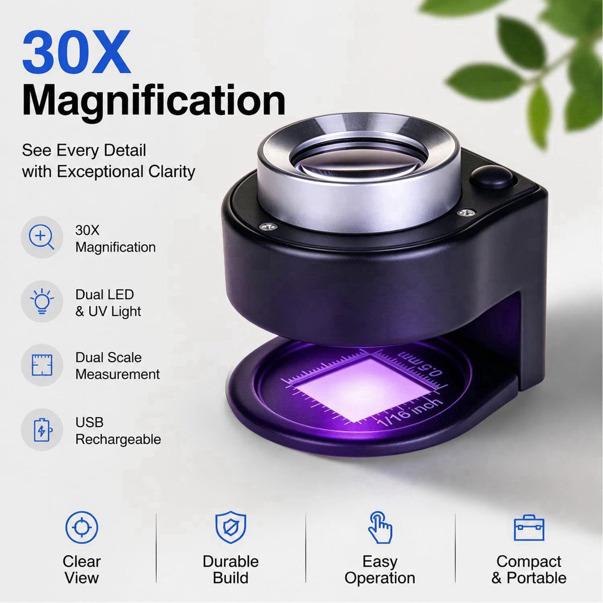 Thingogear 30X Rechargeable Desktop Jewelers Loupe with LED & UV Light – packaging and label