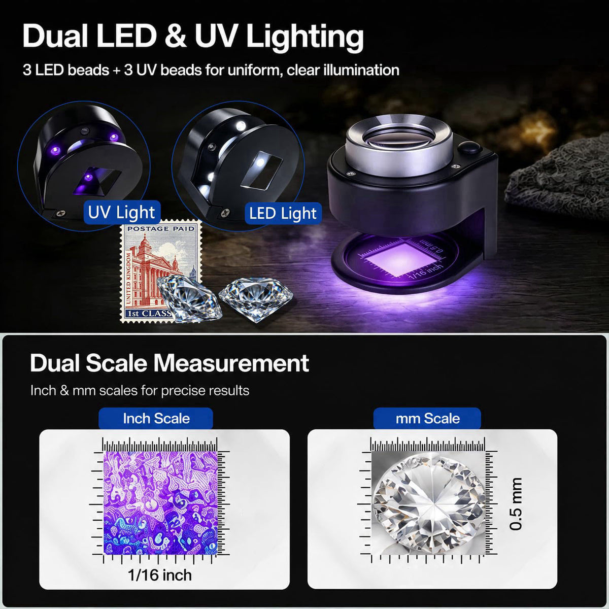 Thingogear 30X Rechargeable Desktop Jewelers Loupe with LED & UV Light – back view and specifications
