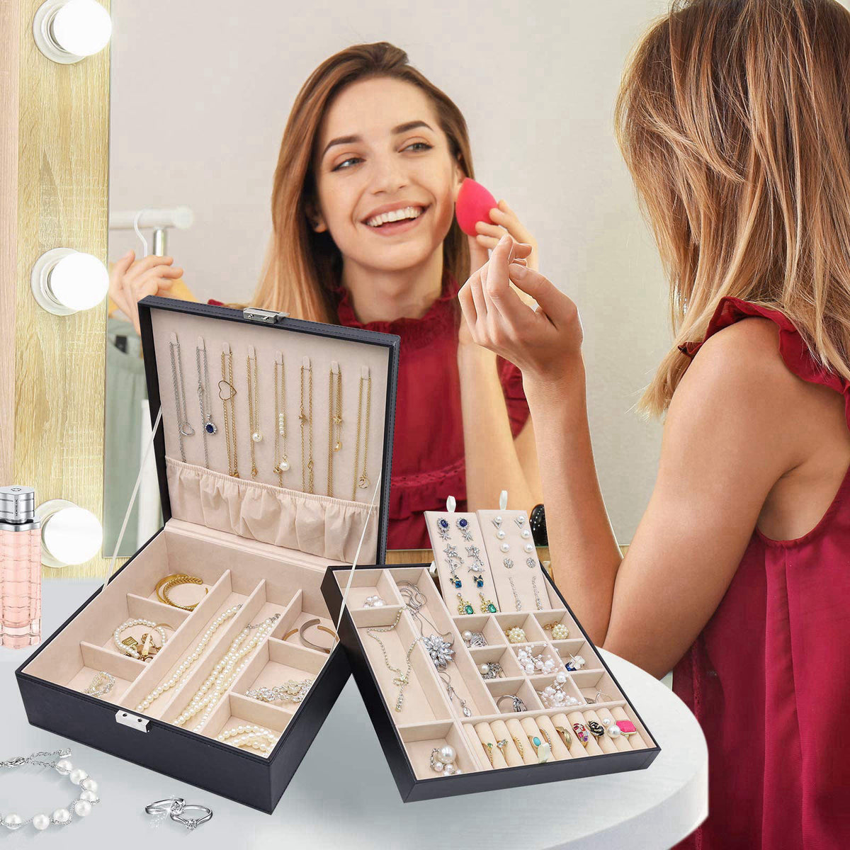 ProCase 2 Layers Jewelry Box for Women -Black – close-up detail