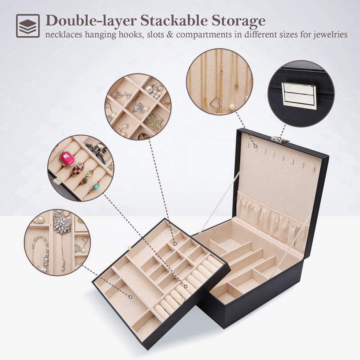 ProCase 2 Layers Jewelry Box for Women -Black – full view