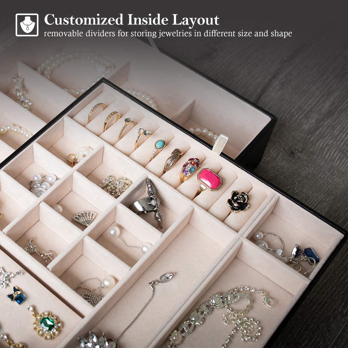 ProCase 2 Layers Jewelry Box for Women -Black – back view and specifications