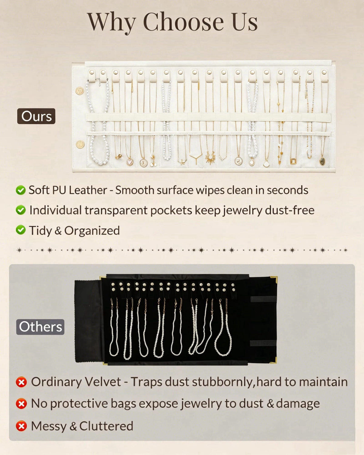 Lolalet Travel Necklace Organizer, Foldable Jewelry Case, Beige, 18 Slots – full view, size 25 x 10.43 14.57 x 6.69 x 5.