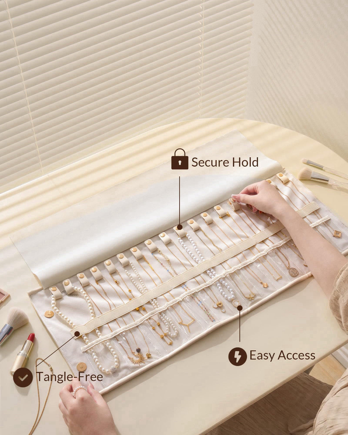Lolalet Travel Necklace Organizer, Foldable Jewelry Case, Beige, 18 Slots – alternate angle