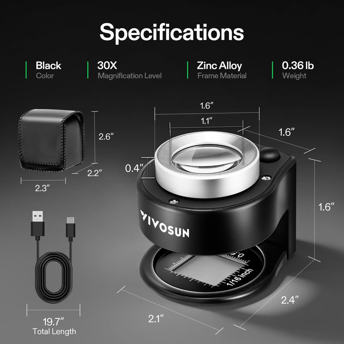 VIVOSUN 30X Rechargeable Loupe Magnifier with LED Light and UV Light, Black – close-up detail
