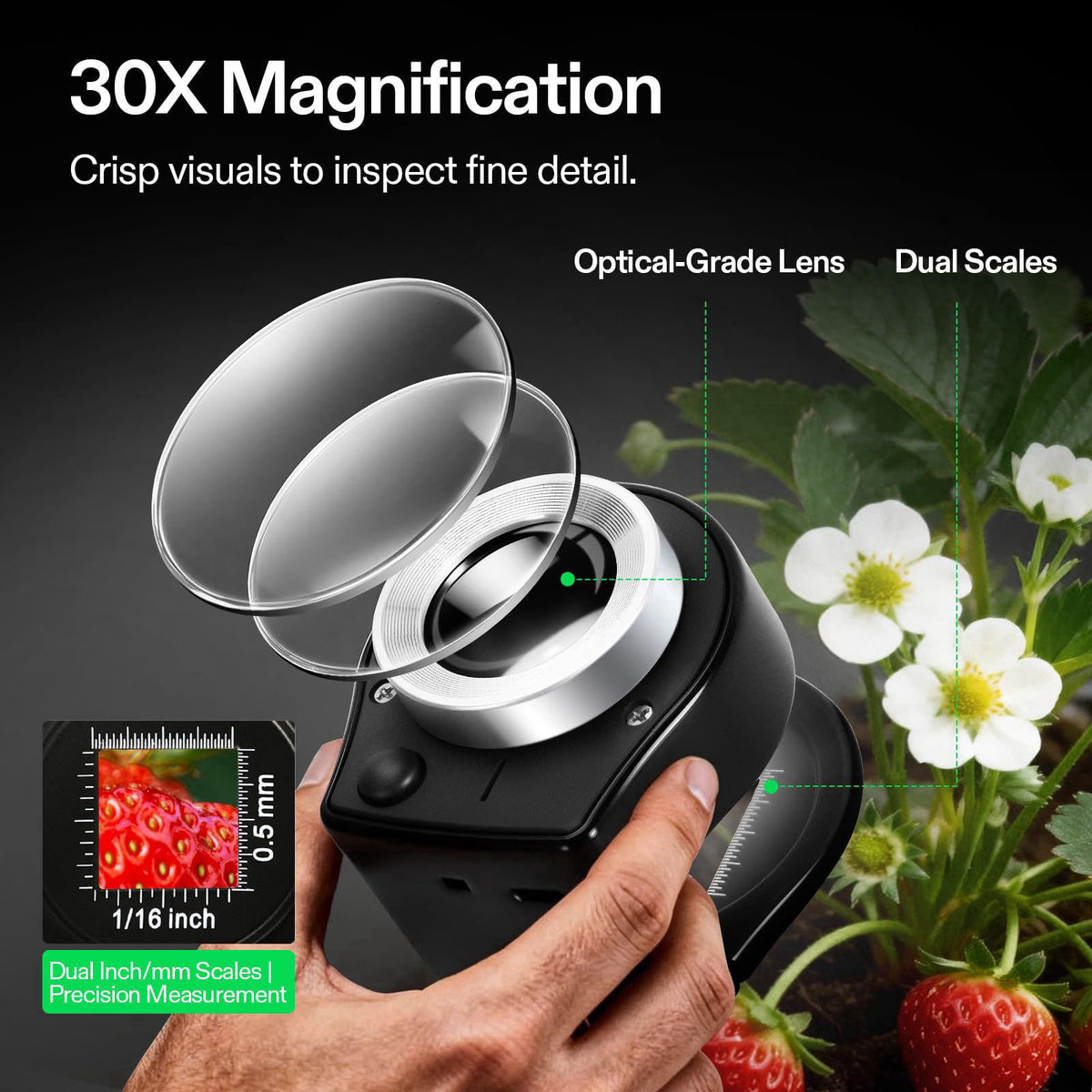 VIVOSUN 30X Rechargeable Loupe Magnifier with LED Light and UV Light, Black – full view