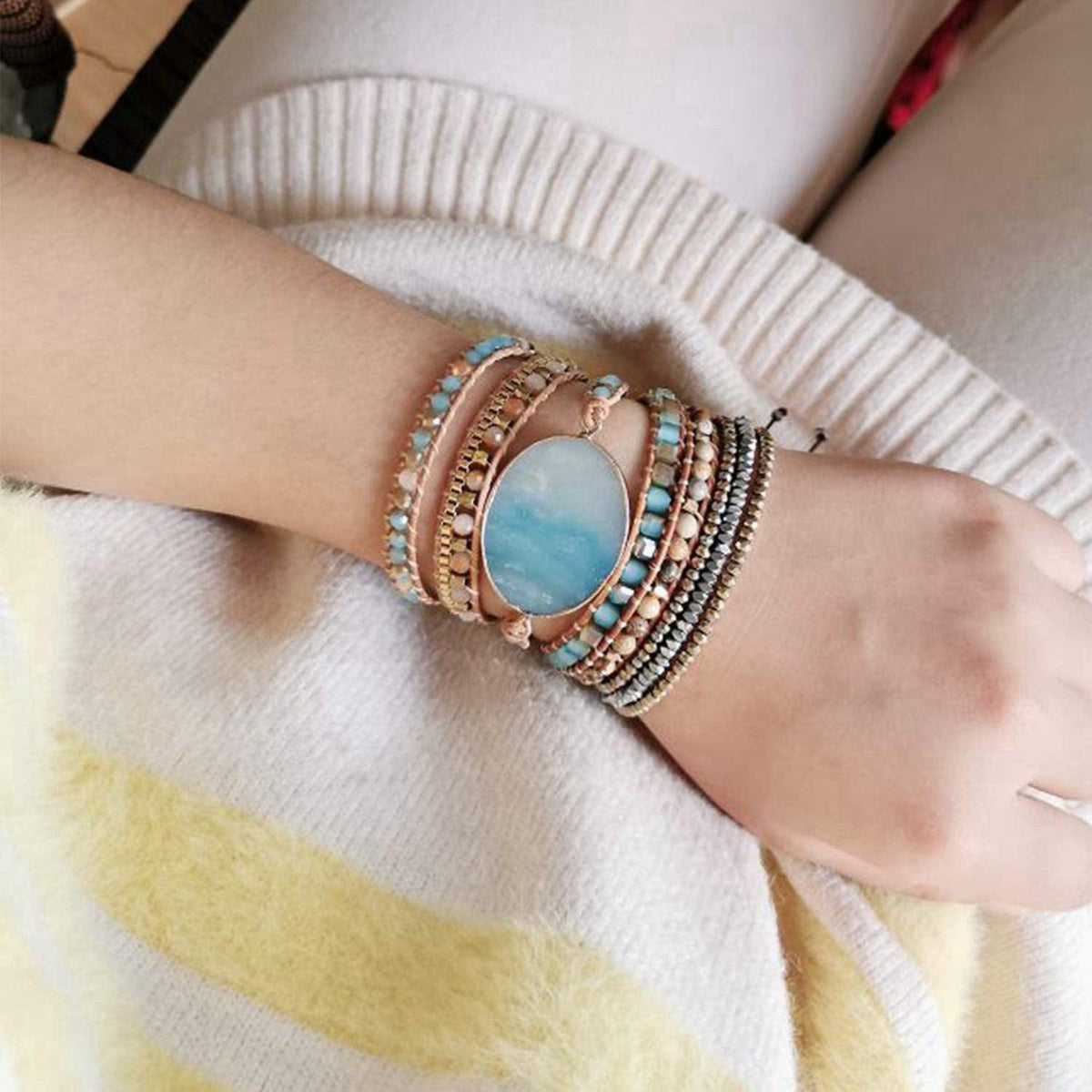 Plumiss Wrap Bracelets for Women, Natural Stone Boho Leather Jewelry Gift – full view