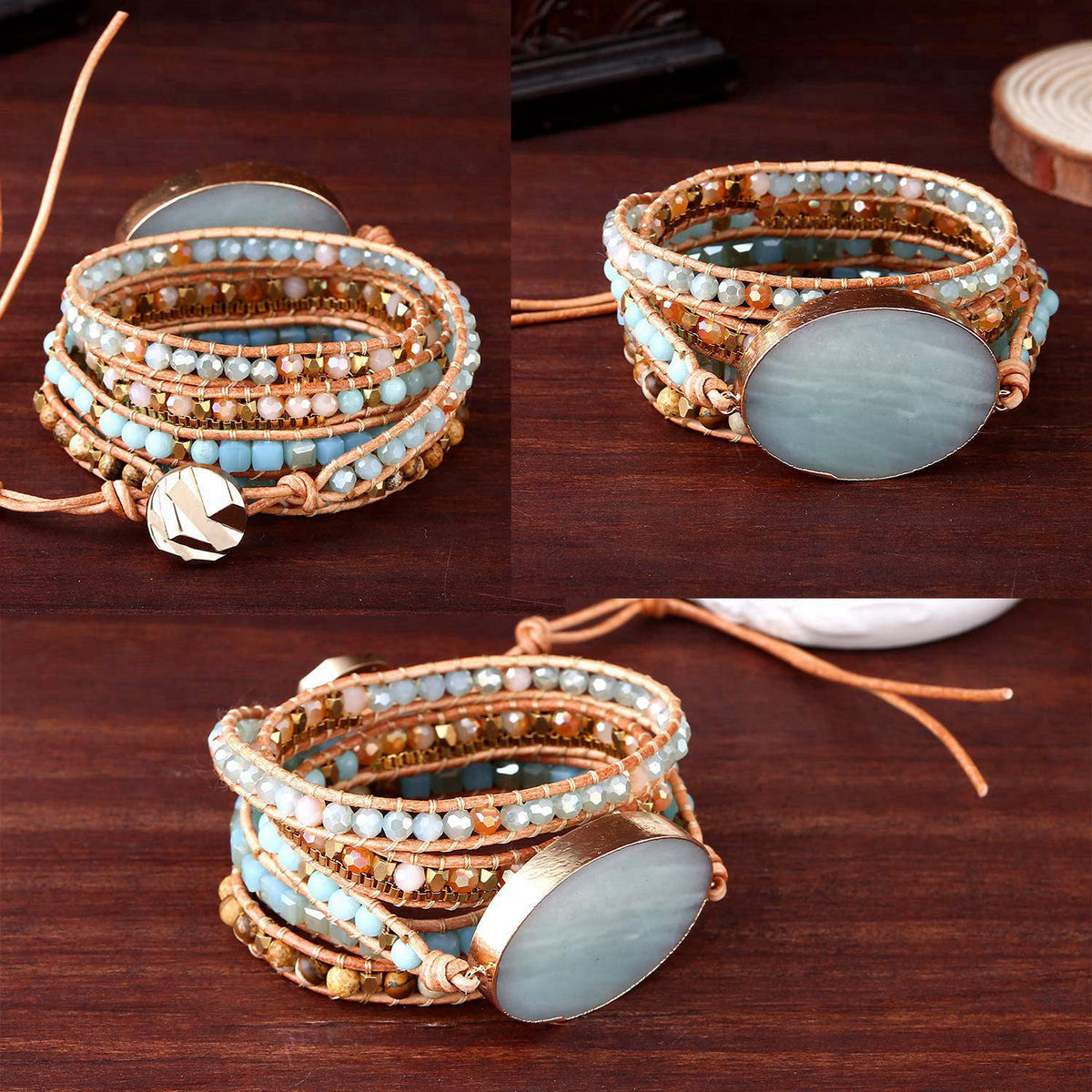 Plumiss Wrap Bracelets for Women, Natural Stone Boho Leather Jewelry Gift – back view and specifications