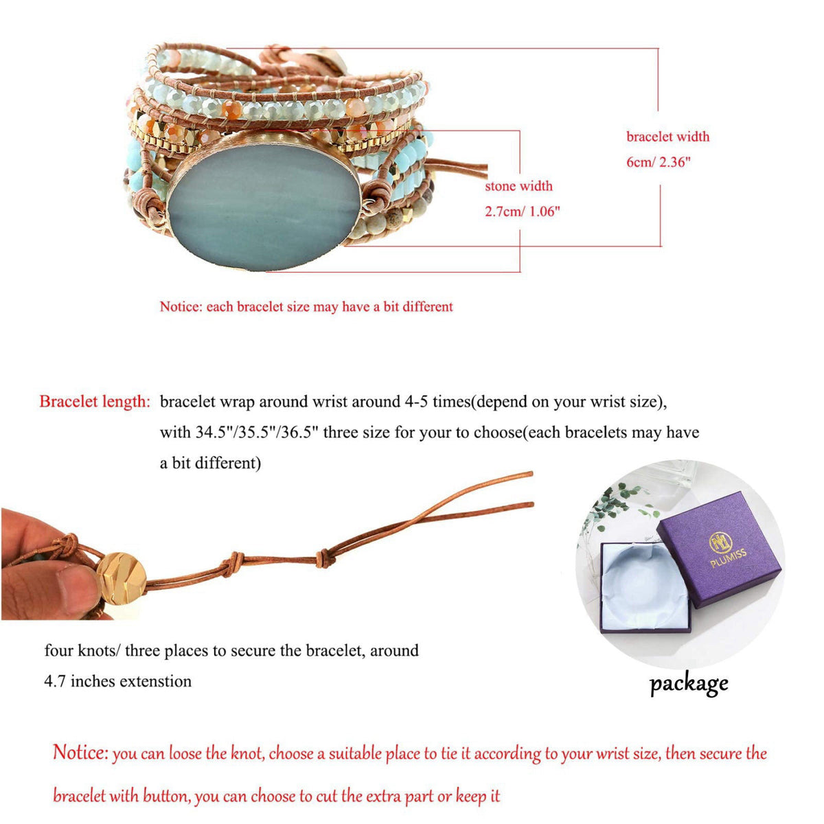 Plumiss Wrap Bracelets for Women, Natural Stone Boho Leather Jewelry Gift – alternate angle