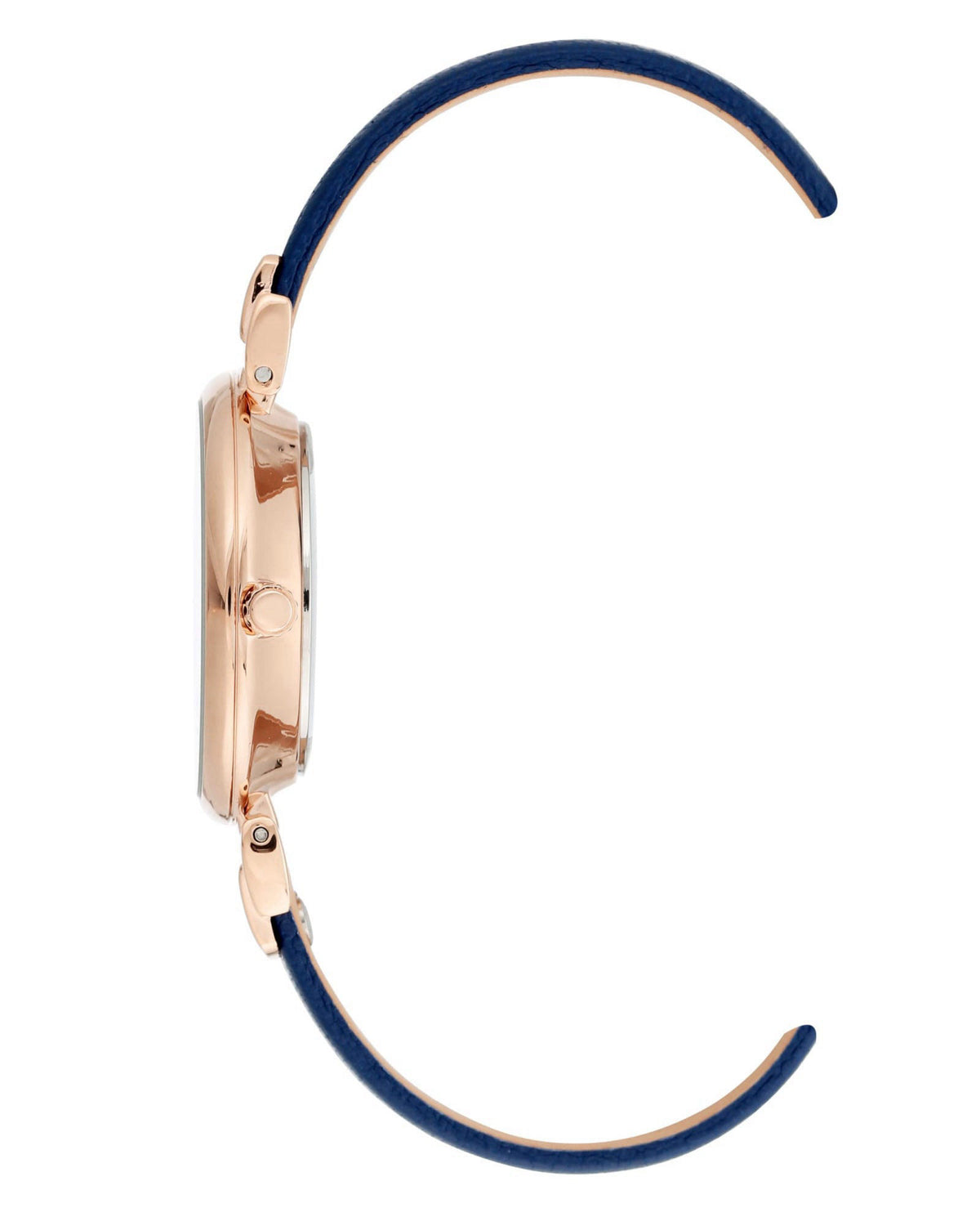Anne Klein Women's Easy-to-Read Navy Leather Strap Watch, AK/2156NVRG, Navy, Rose Gold-Tone – close-up detail in Blue