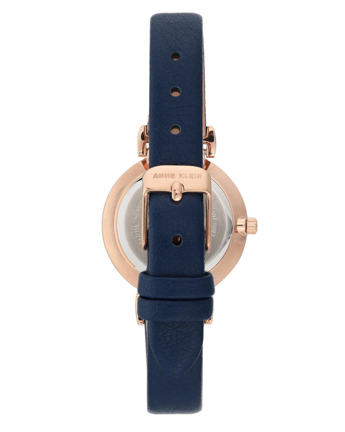 Anne Klein Women's Easy-to-Read Navy Leather Strap Watch, AK/2156NVRG, Navy, Rose Gold-Tone – packaging and label
