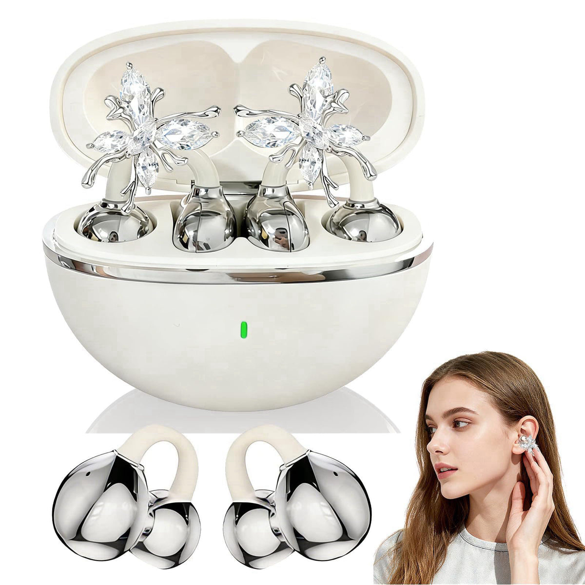 miyonsin Jewelry-Inspired Clip-On Earbuds with Detachable Sparkle Butterfly Earrings – White