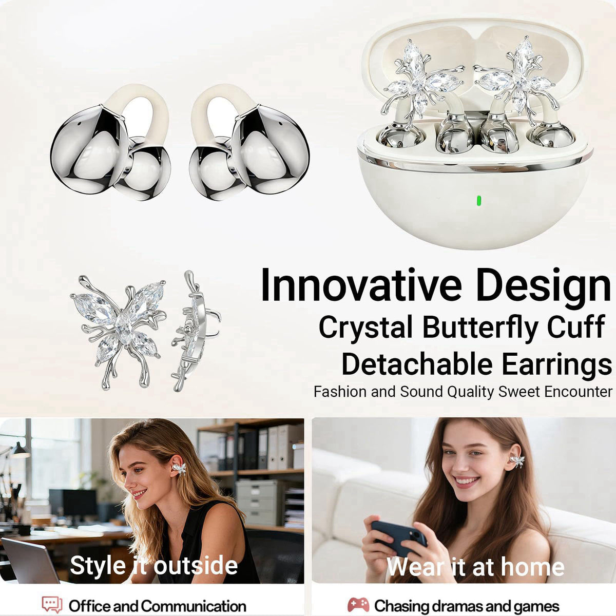 miyonsin Jewelry-Inspired Clip-On Earbuds with Detachable Sparkle Butterfly Earrings – close-up detail in White