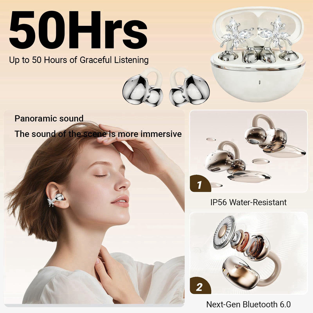miyonsin Jewelry-Inspired Clip-On Earbuds with Detachable Sparkle Butterfly Earrings – full view