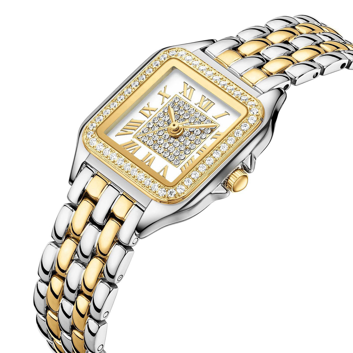 FROVBOR Gold Watches for Women Vintage Rectangular Case Diamond Roman Dial – close-up detail in Gold-Silver