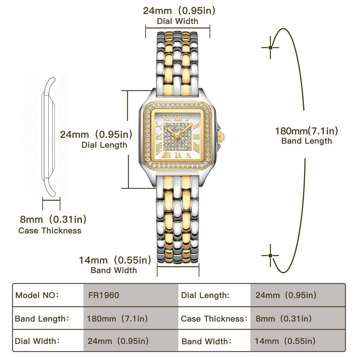 FROVBOR Gold Watches for Women Vintage Rectangular Case Diamond Roman Dial – full view