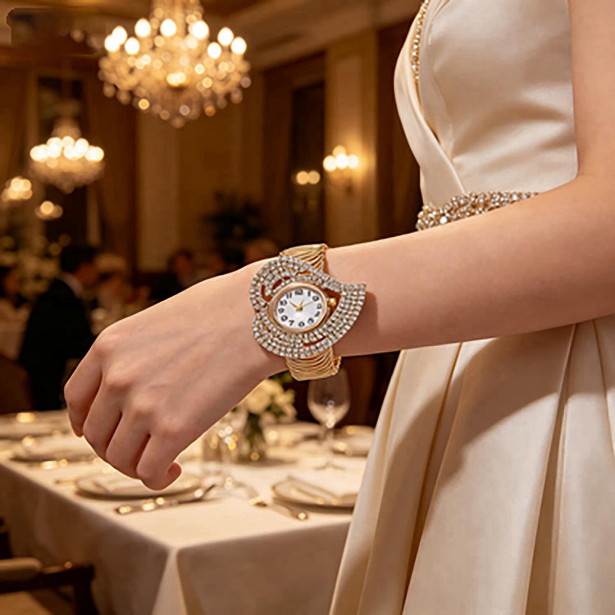 VILKFY Women's Heart-Shaped Crystal Bracelet Watch Gold Toned Cuffs – packaging and label