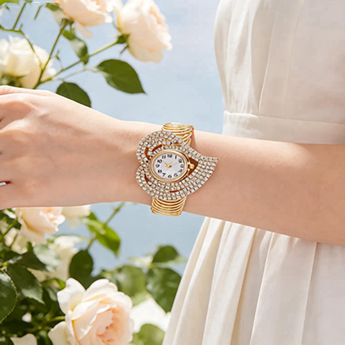 VILKFY Women's Heart-Shaped Crystal Bracelet Watch Gold Toned Cuffs – full view