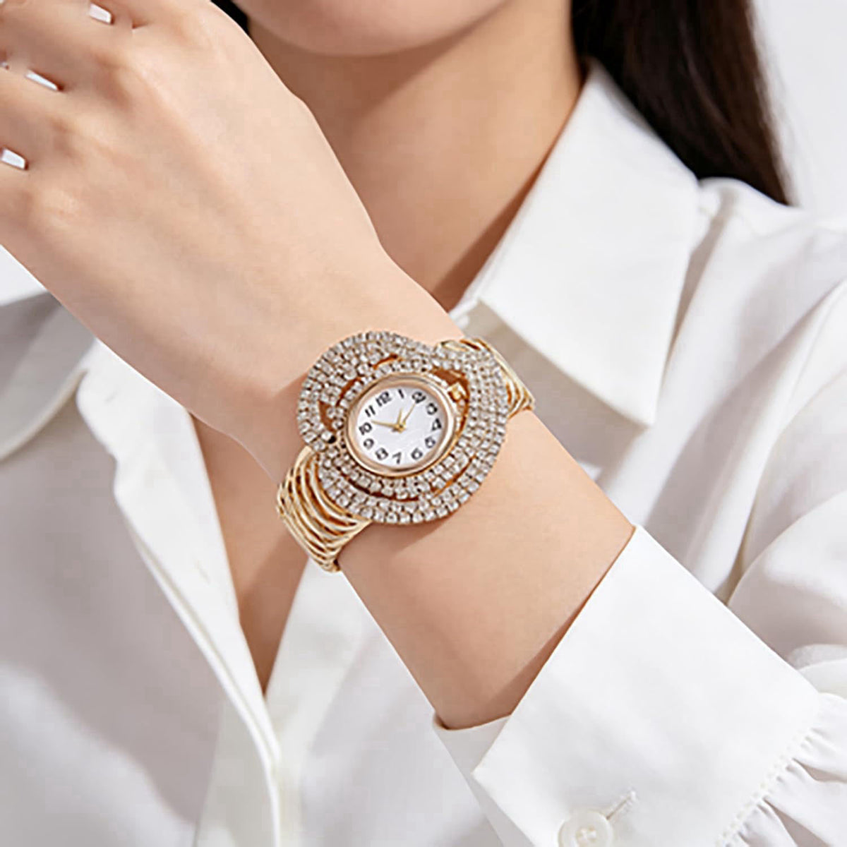 VILKFY Women's Heart-Shaped Crystal Bracelet Watch Gold Toned Cuffs – back view and specifications