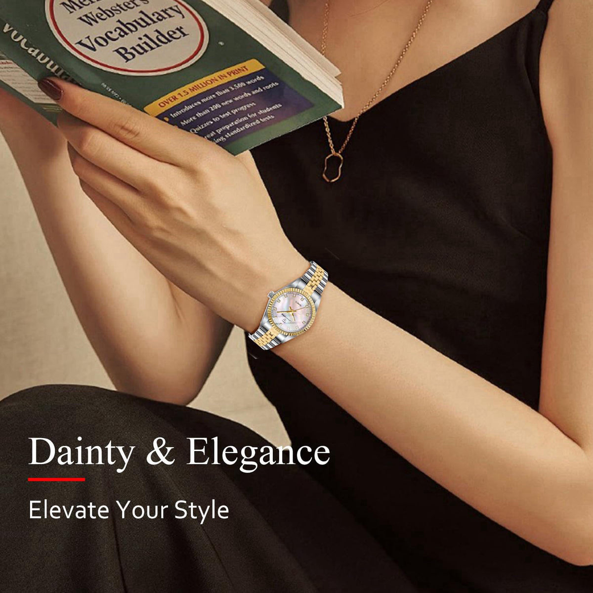 Timever Gold Womens Watch Set, Gold Plated Bangle Bracelet – close-up detail in Gold