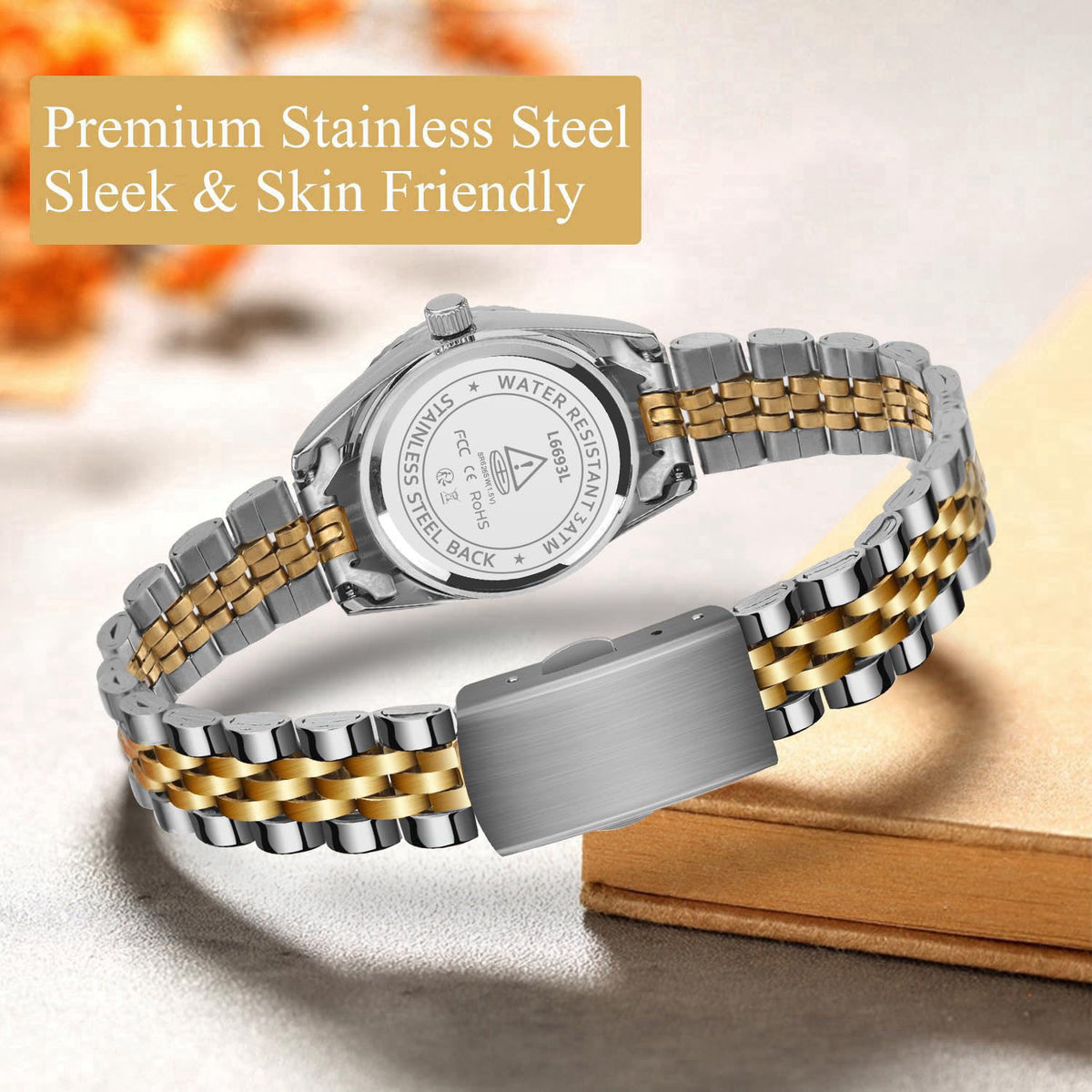 Timever Gold Womens Watch Set, Gold Plated Bangle Bracelet – back view and specifications