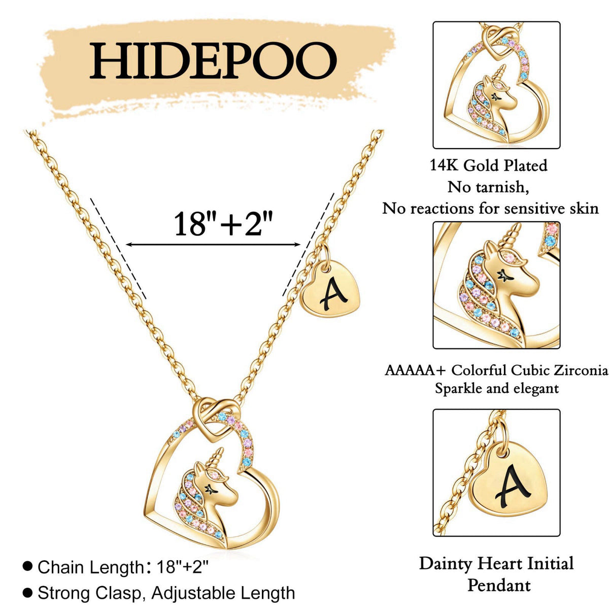 Hidepoo Unicorn Necklaces for Girls Kids - Birthday Gifts for Girls Kids – back view and specifications