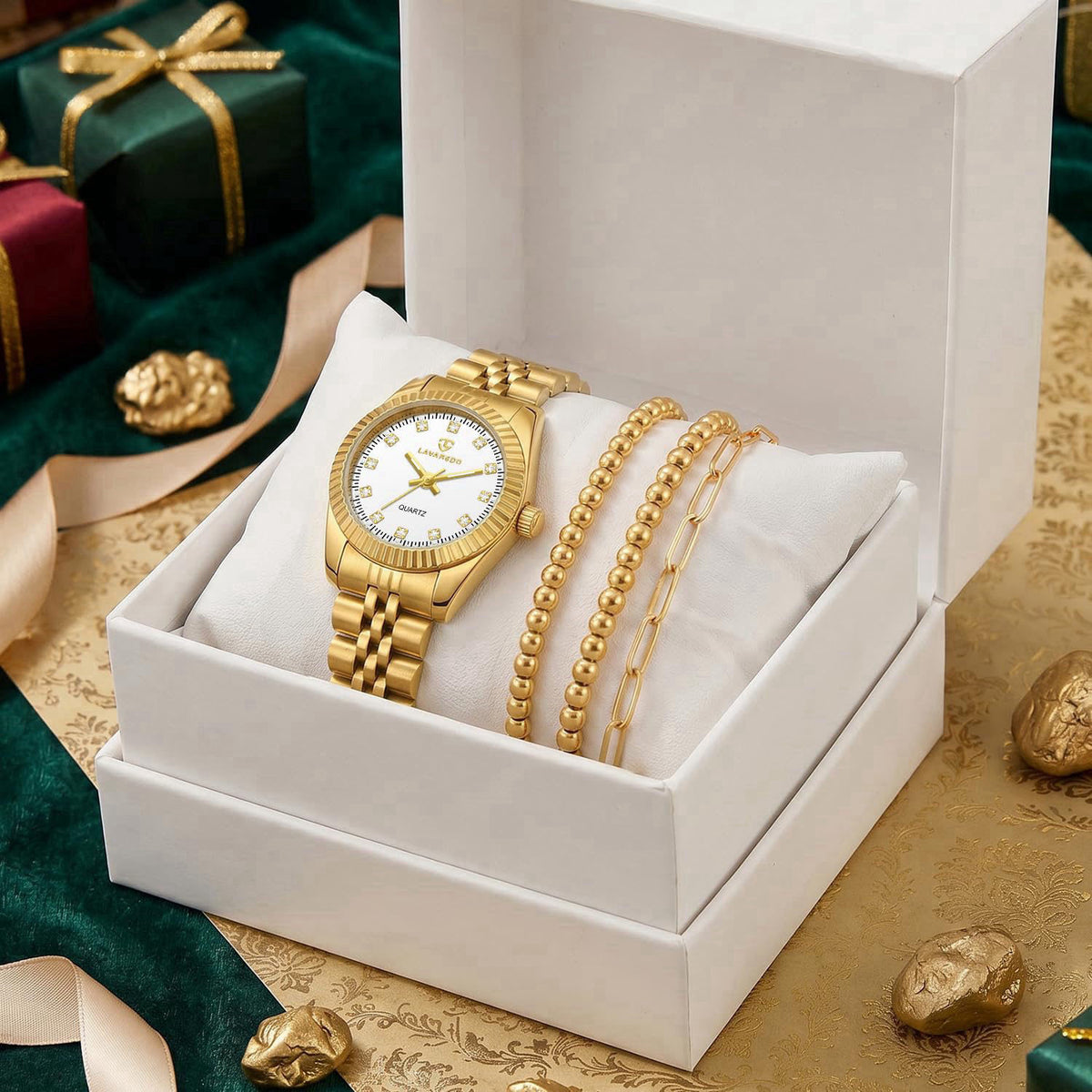 Timever Gold Womens Watch Set, Gold Plated Bangle Bracelet – close-up detail in Gold