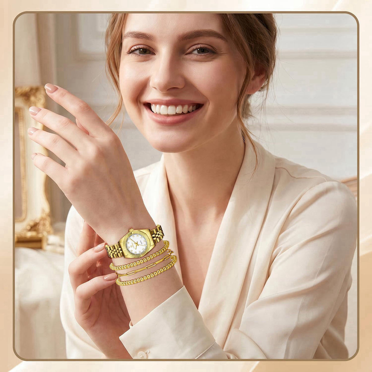 Timever Gold Womens Watch Set, Gold Plated Bangle Bracelet – full view