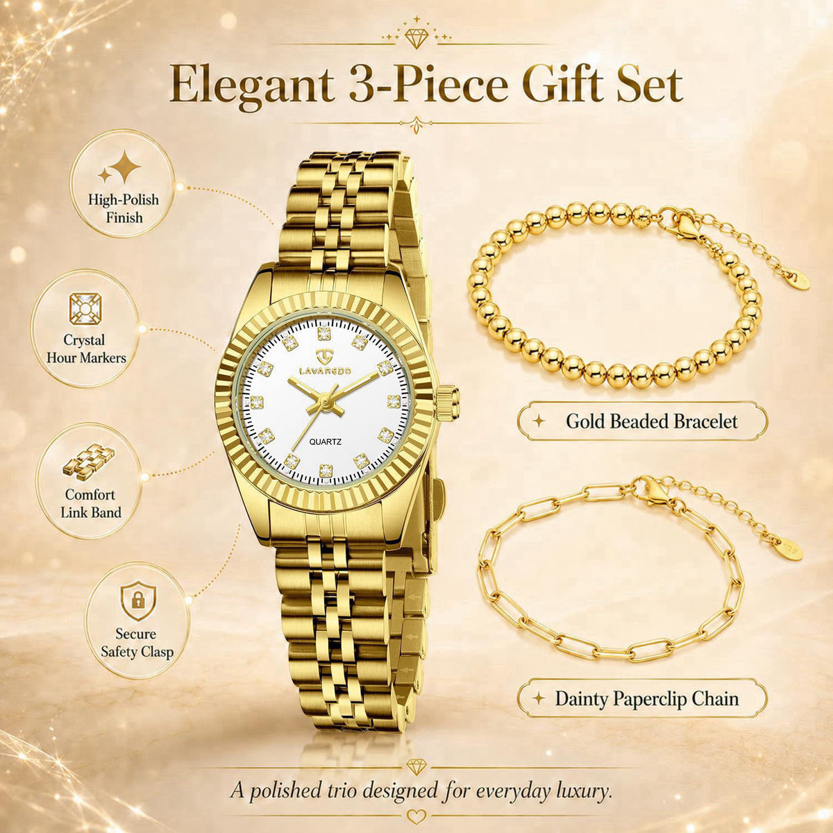 Timever Gold Womens Watch Set, Gold Plated Bangle Bracelet – back view and specifications