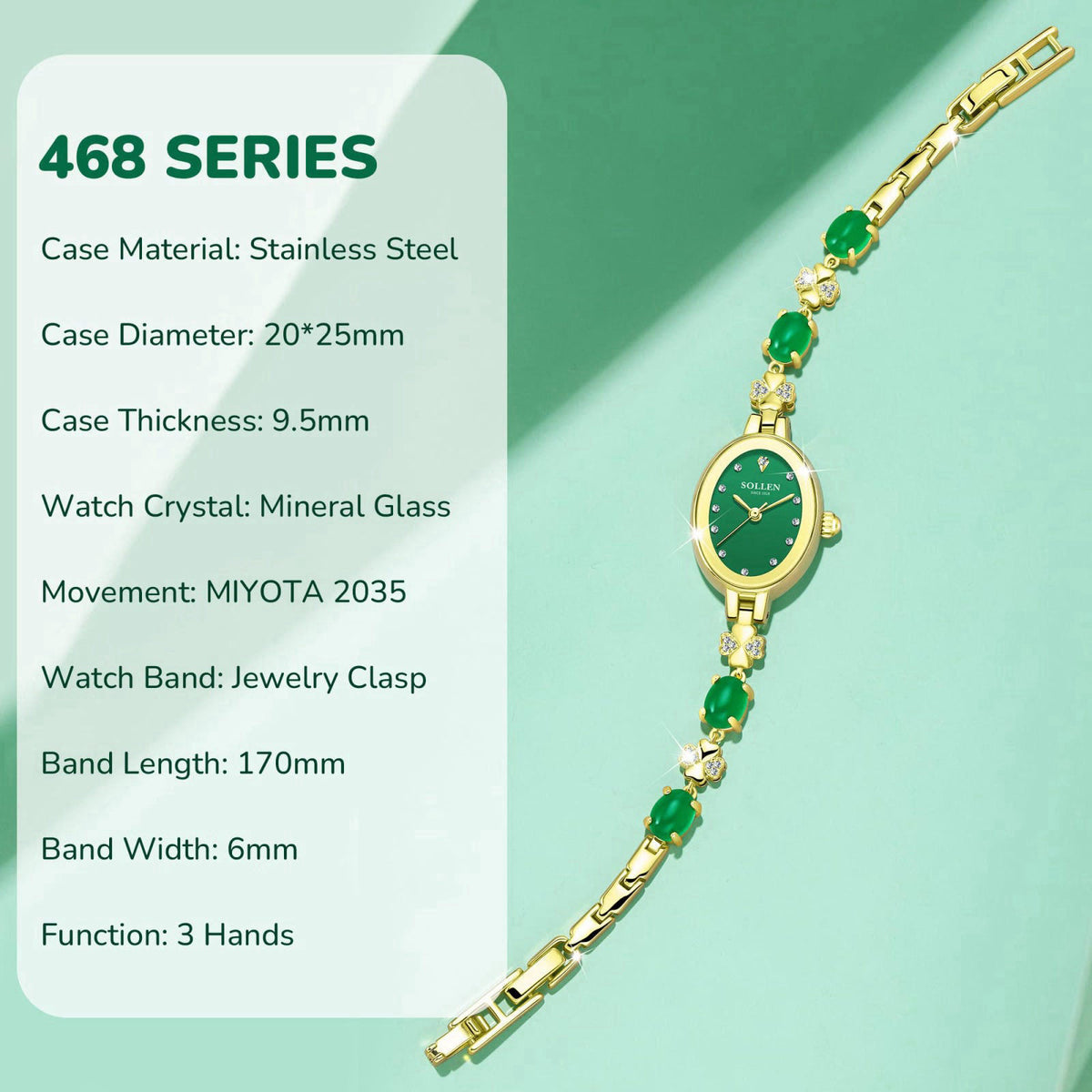 SOLLEN Women's Bracelet Watches, Dainty Stylish Luxury Quartz Jewelry Watch – back view and specifications