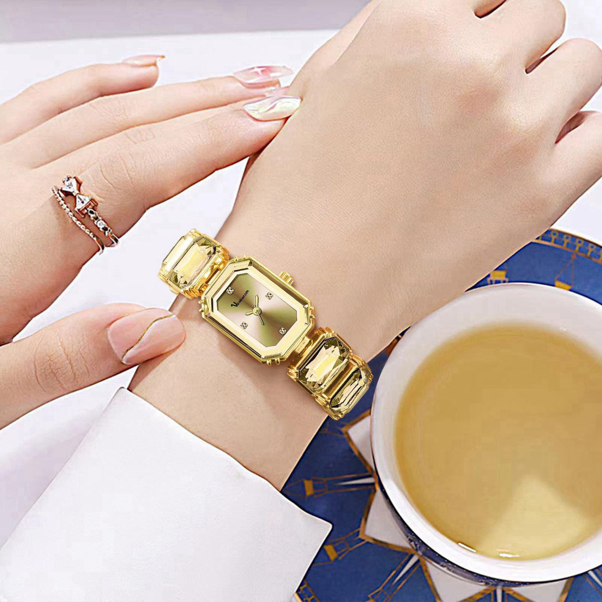 Gosasa Luxury Women’s Crystal Bracelet Watch Elegant Rectangular Minimalist Dial Diamond Bangle Band Waterproof Fashion 