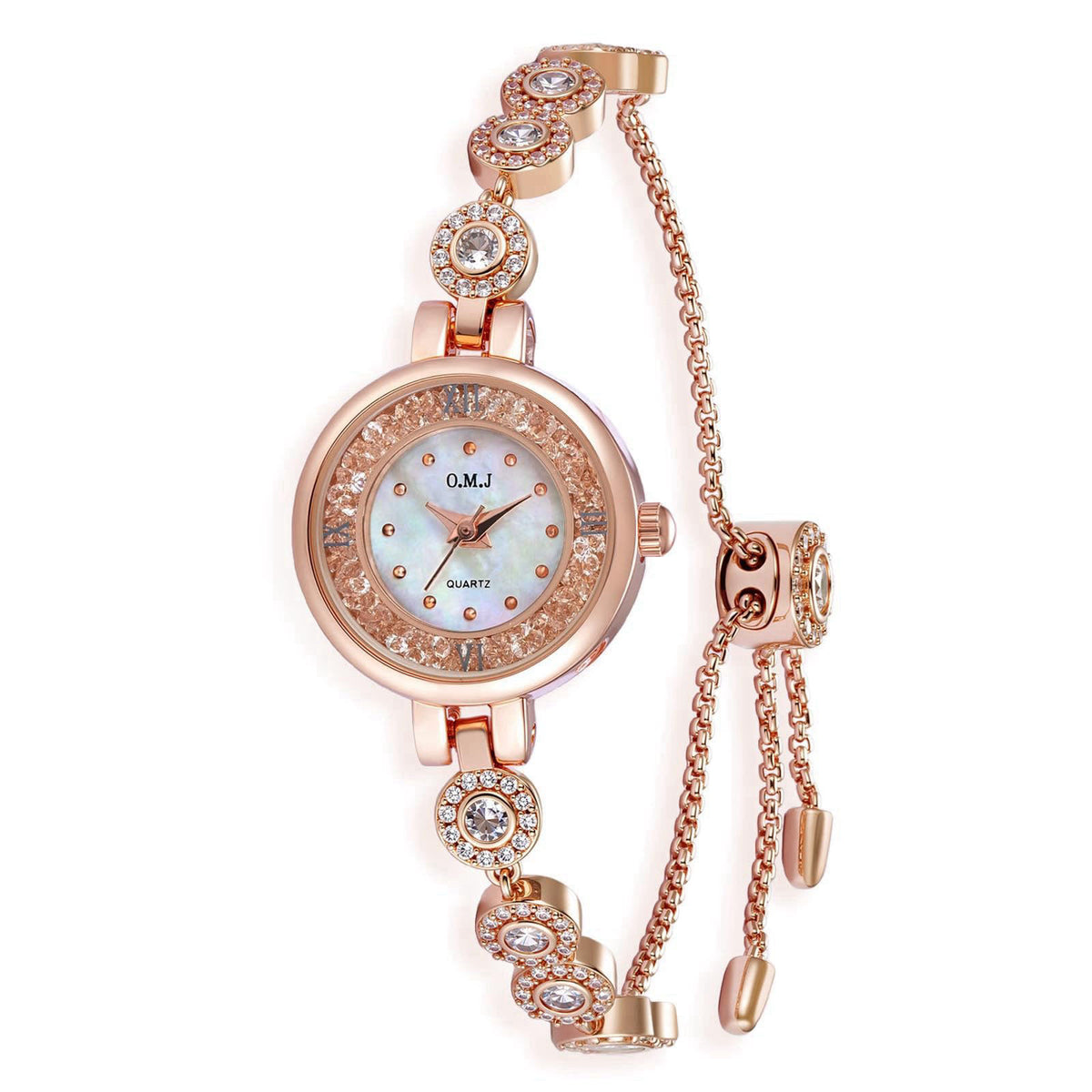 O.M.J Womens Watch Rose Gold Mother of Pearl Dial Birthstone Crystal Accents Ladies Bracelet – product photo (Wrist Watc
