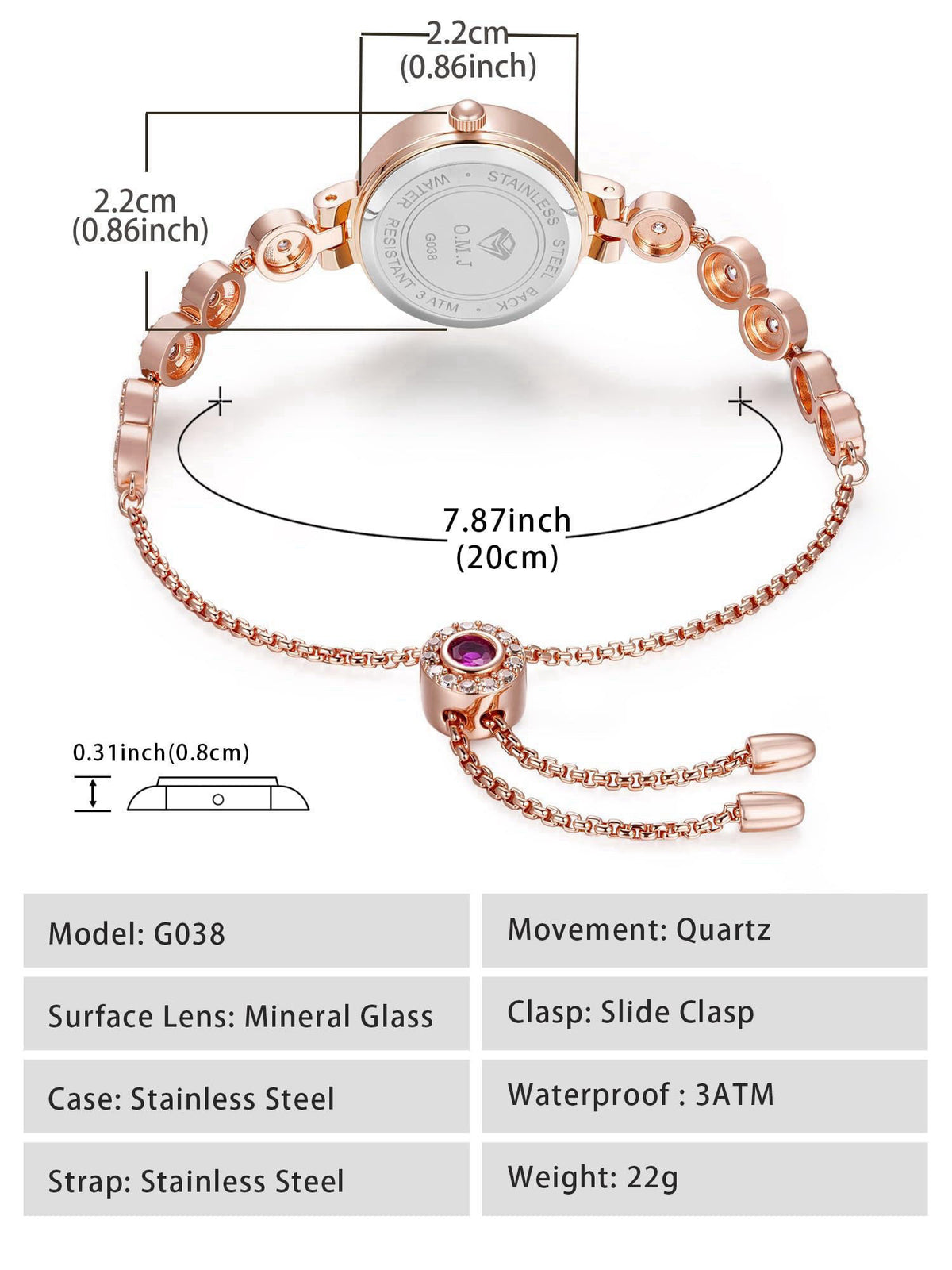 O.M.J Womens Watch Rose Gold Mother of Pearl Dial Birthstone Crystal Accents Ladies Bracelet – packaging and label