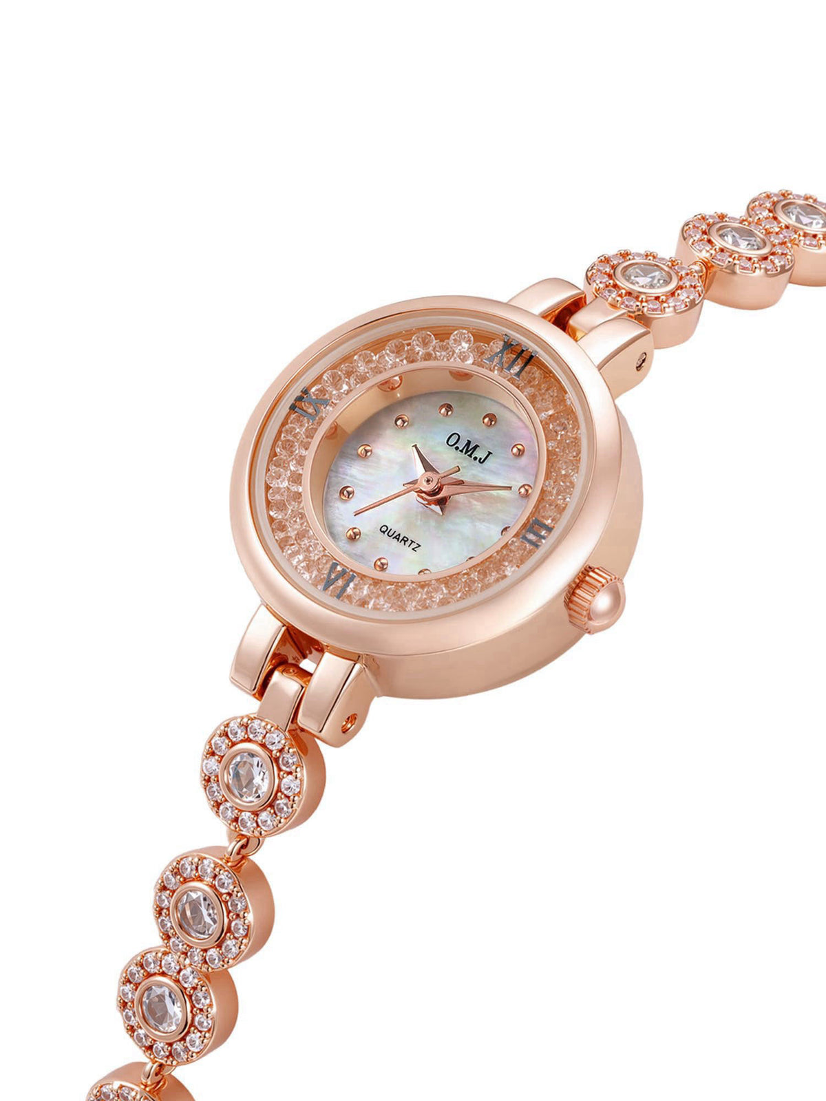 O.M.J Womens Watch Rose Gold Mother of Pearl Dial Birthstone Crystal Accents Ladies Bracelet – full view