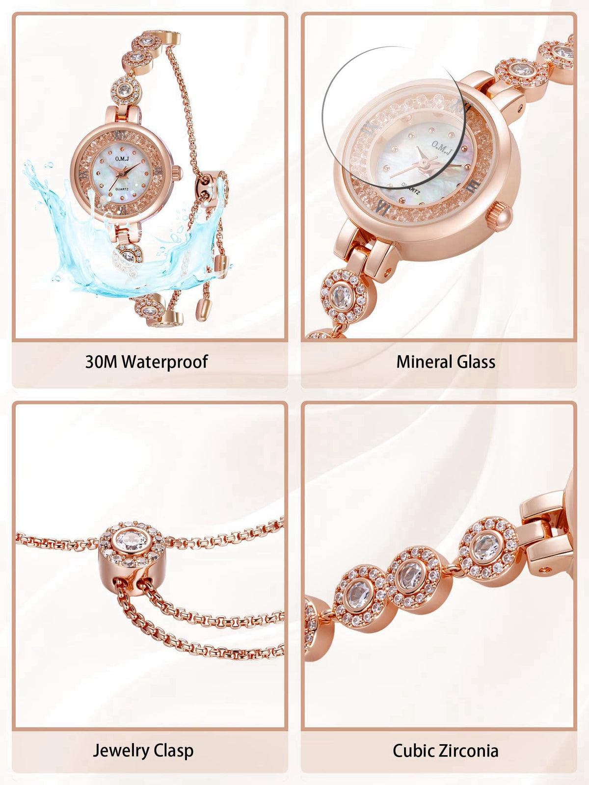 O.M.J Womens Watch Rose Gold Mother of Pearl Dial Birthstone Crystal Accents Ladies Bracelet – alternate angle