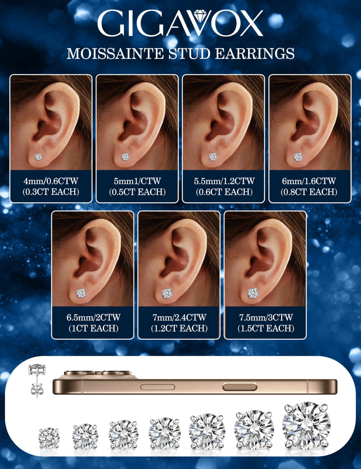 GIGAVOX Moissanite Stud Earrings for Women Men 0.3-3.0CT Solid 925 Sterling Silver – close-up detail