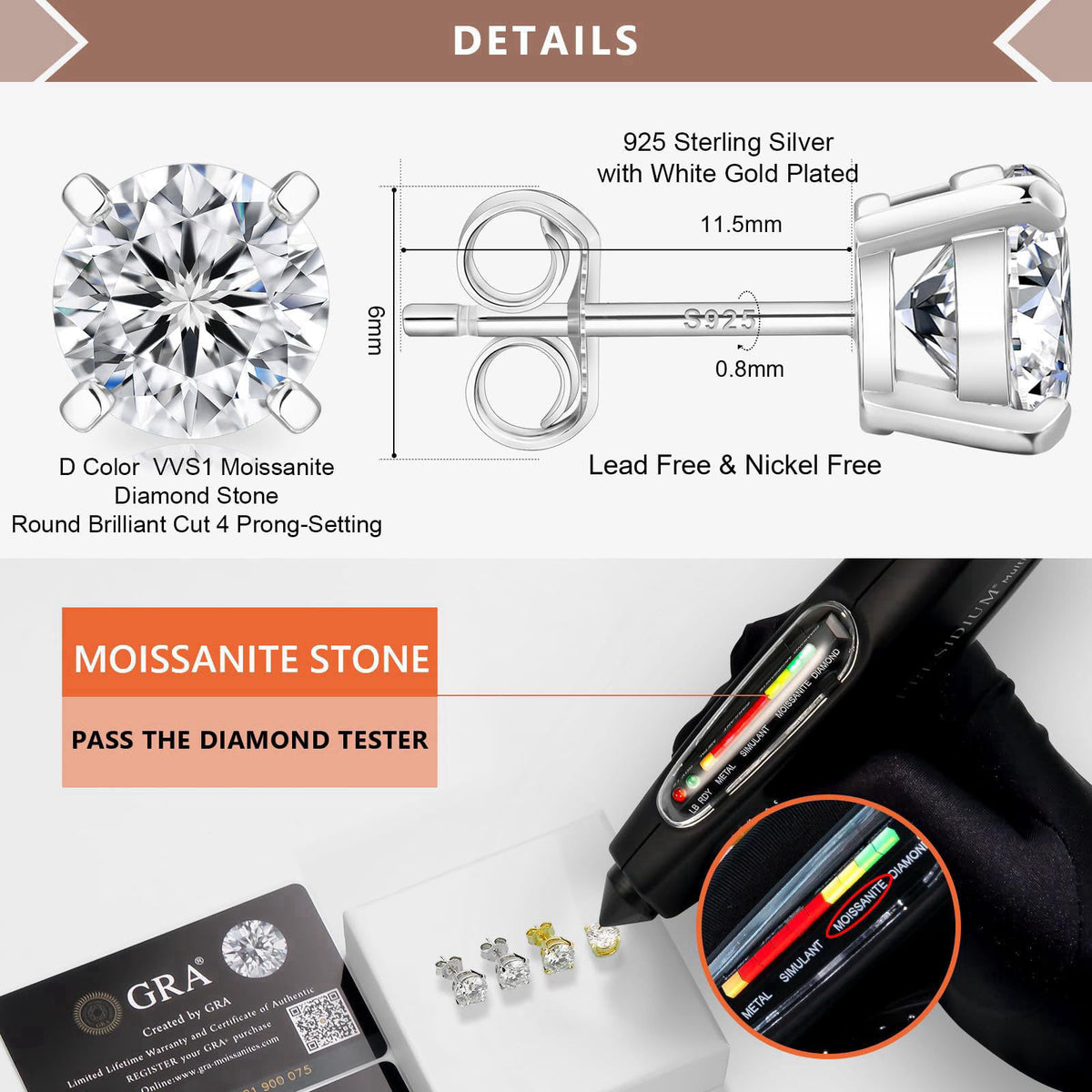 KRKC&CO KEEP REAL KEEP CHAMPION KRKC&CO Lab Grown Moissanite Stud Earrings for Women, Hypoallergenic – full view, size 4