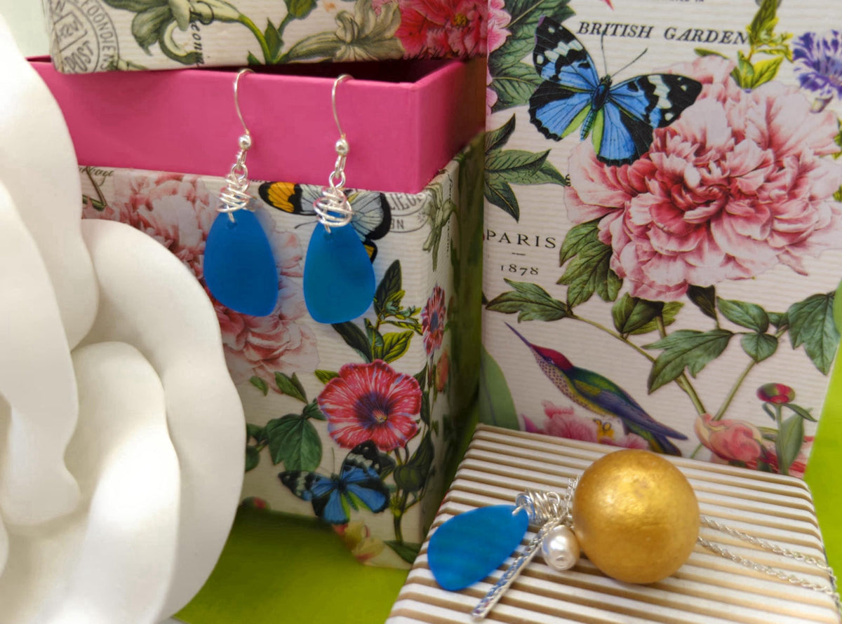 Aimee Tresor Popular Recycled Sea Glass Earrings on Sterling Silver Hooks – full view