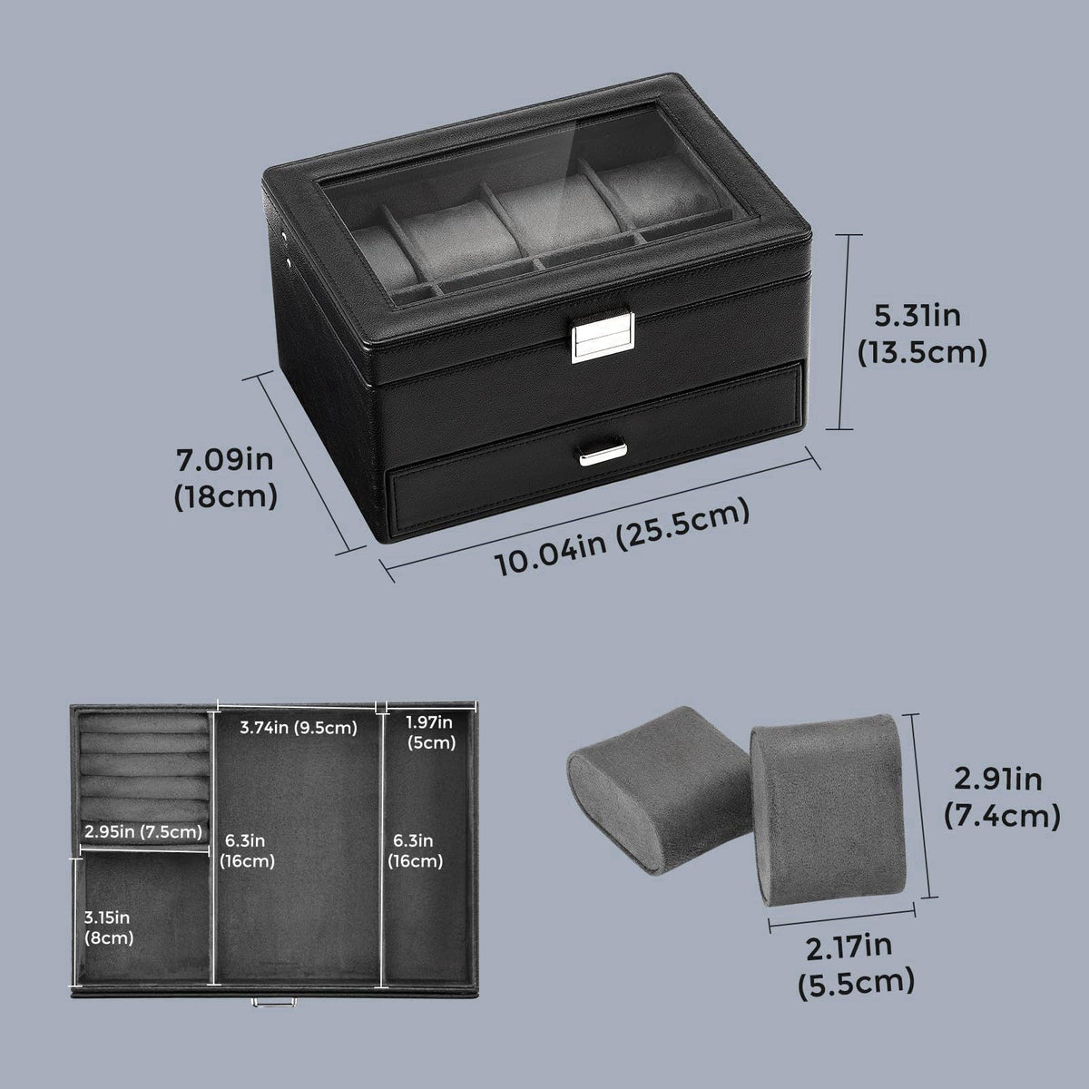 ProCase Premium Watch Box for Men, Jewelry Organizer Box with Drawer, Display Storage Case with Glass Lid -Black, 8 Slot