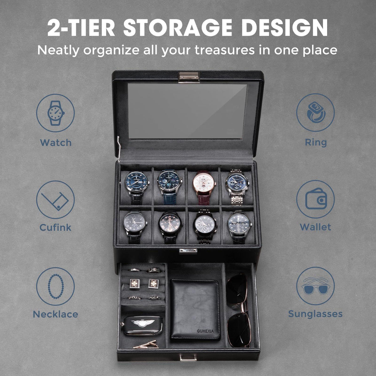 ProCase Premium Watch Box for Men, Jewelry Organizer Box with Drawer, Display Storage Case with Glass Lid -Black, 8 Slot