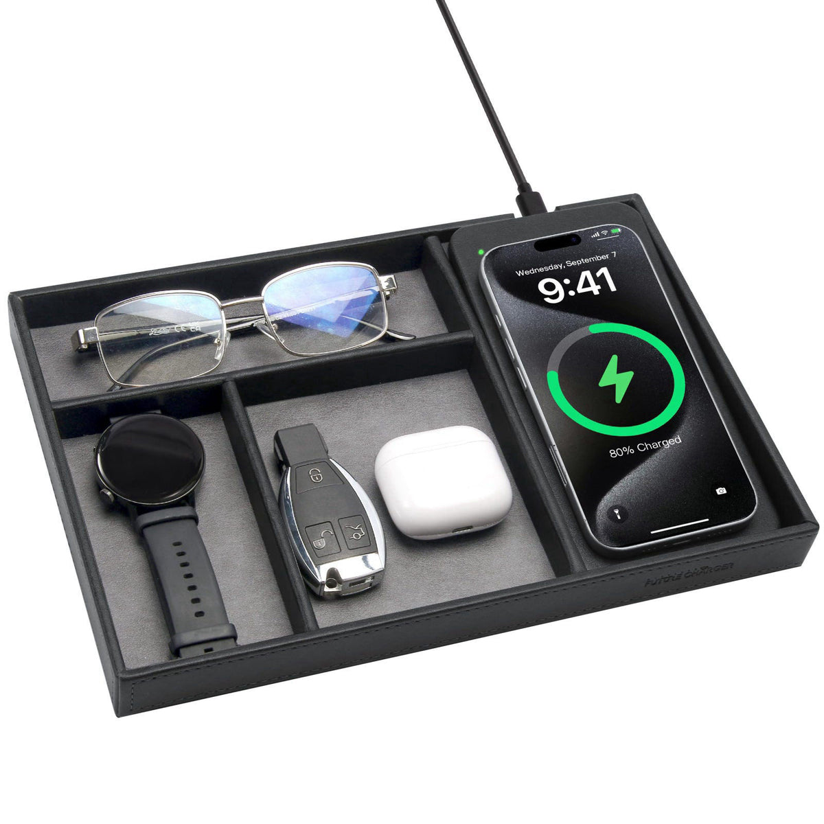 wireless future charger Valet Tray, Built in Wireless Charging Pad, Nightstand Organizer – alternate angle