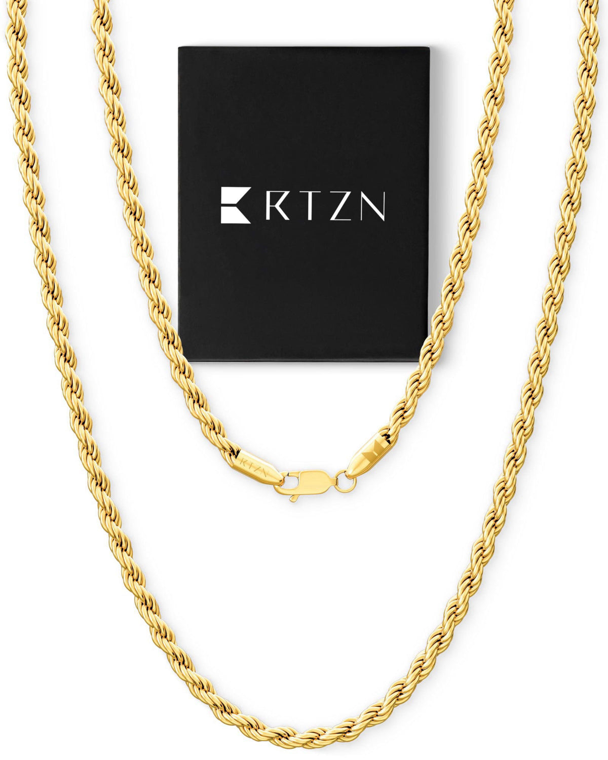 RTZN® Gold Rope Chain for Men – 3mm, 4mm Mens Rope Chain – Premium Stainless Steel Necklace for Men & Boys – Non-Tarnish