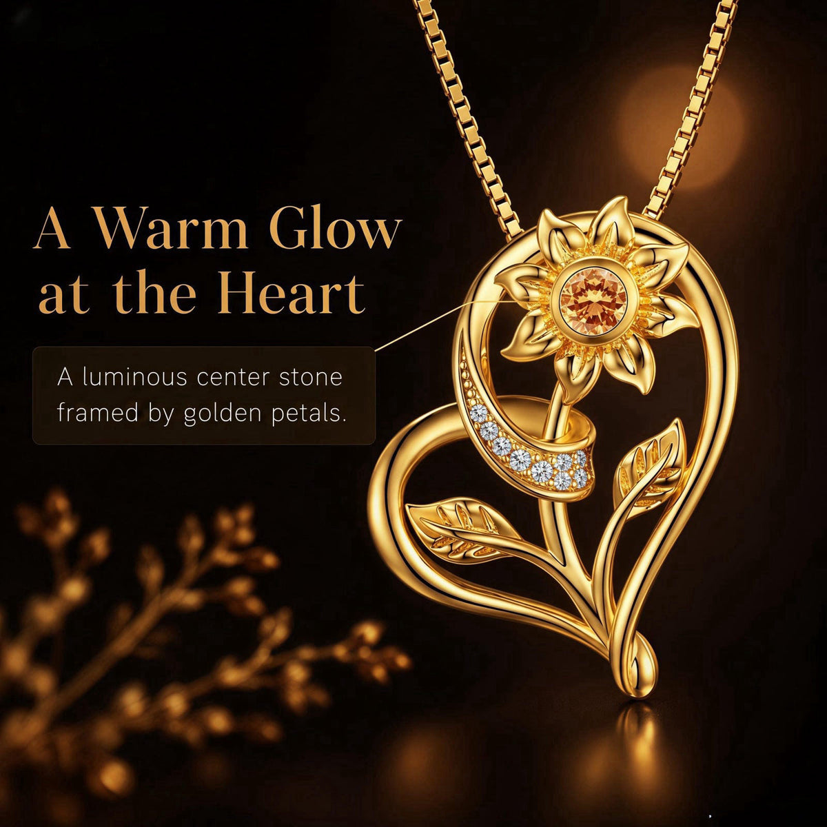 Hercaise Sunflower Heart Necklace for Women, Gold-Toned Alloy Pendant, Cute Flower Jewelry Gift for Mom or Wife on Birth