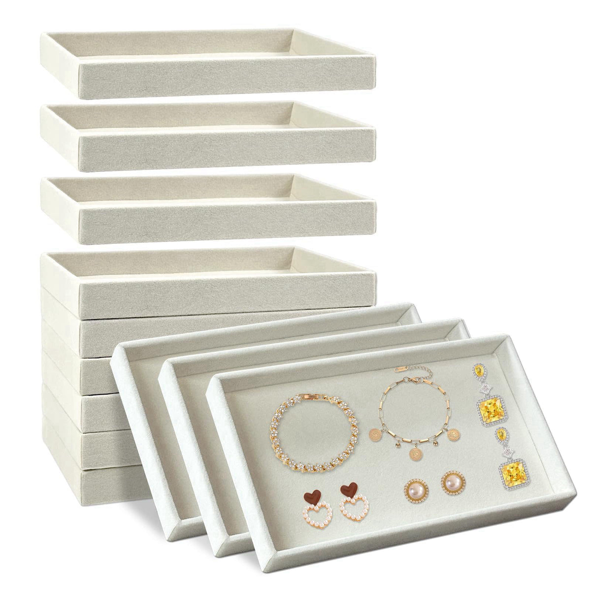 Rainmae 12 Pack Velvet Jewelry Trays, 8.3x5x1 Inches Premium Stackable Jewelry Drawers Organizer Inserts for Women Girls