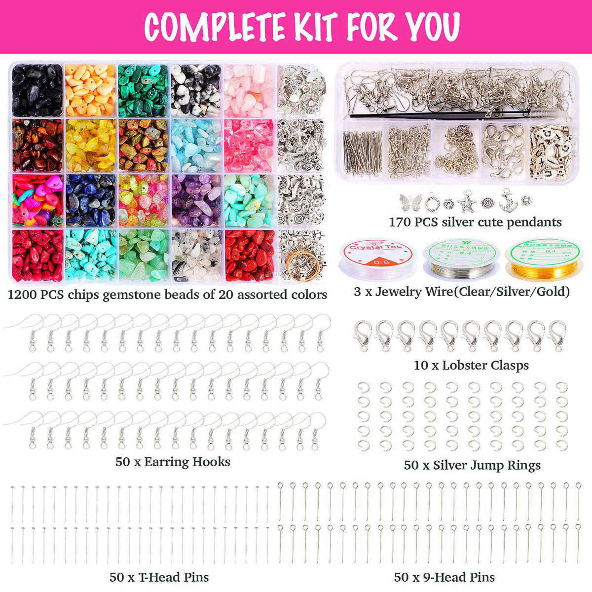 Xmada Jewelry Making Supplies Kit - 1587 PCS Beads, Crystal Beads, Jewelry Pliers, Beading Wire, Earring Hooks, Rings, B