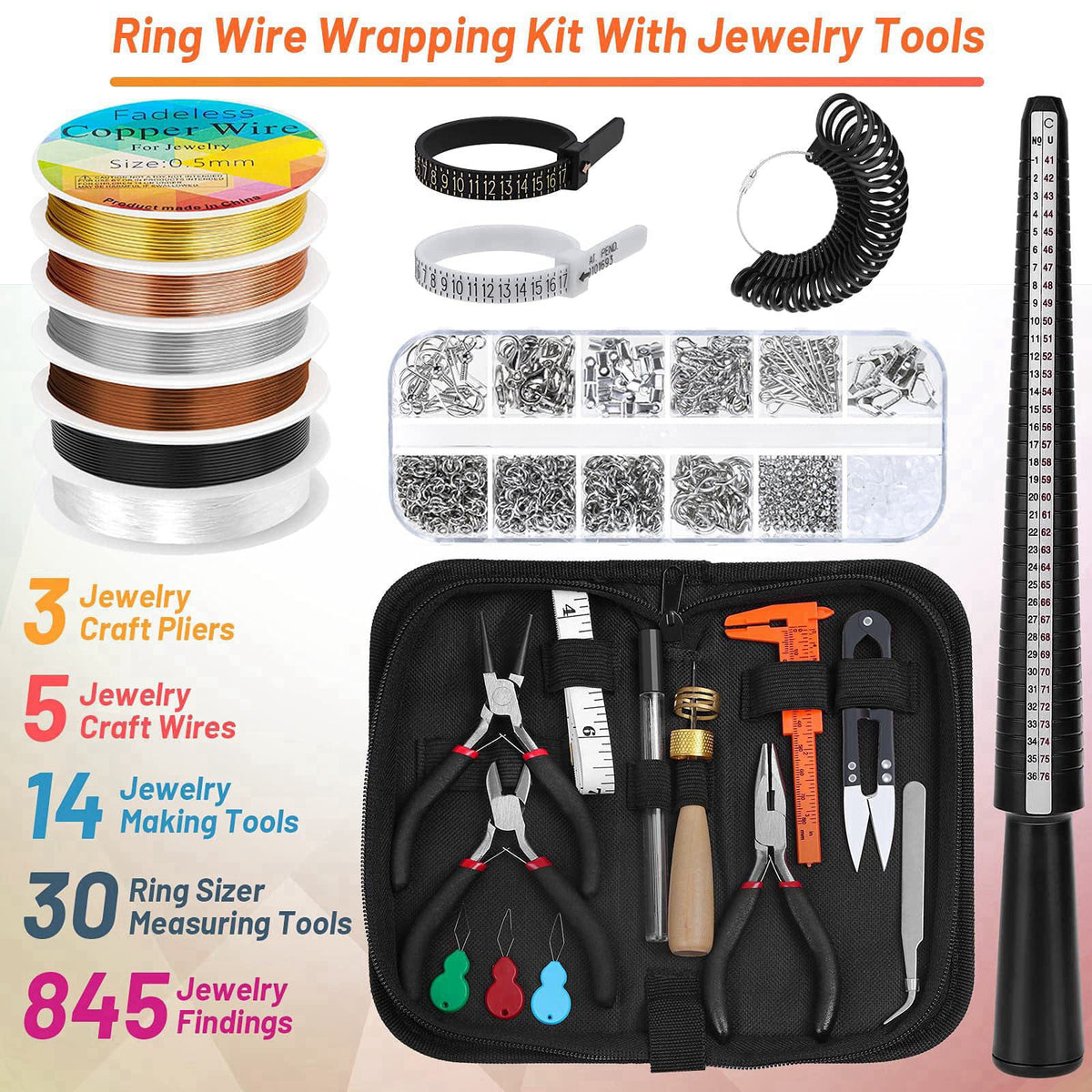 Audab Jewelry Wire Wrapping Jewelry Making Supplies Kit, Ring Sizer Measuring Tools Kit with Tools, Ring Craft Wires, Je