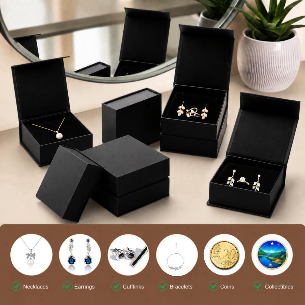 Covzoe 24 Pack Cardboard Jewelry Boxes, 3.6 x 3.6 x 1.3 Inch – back view and specifications