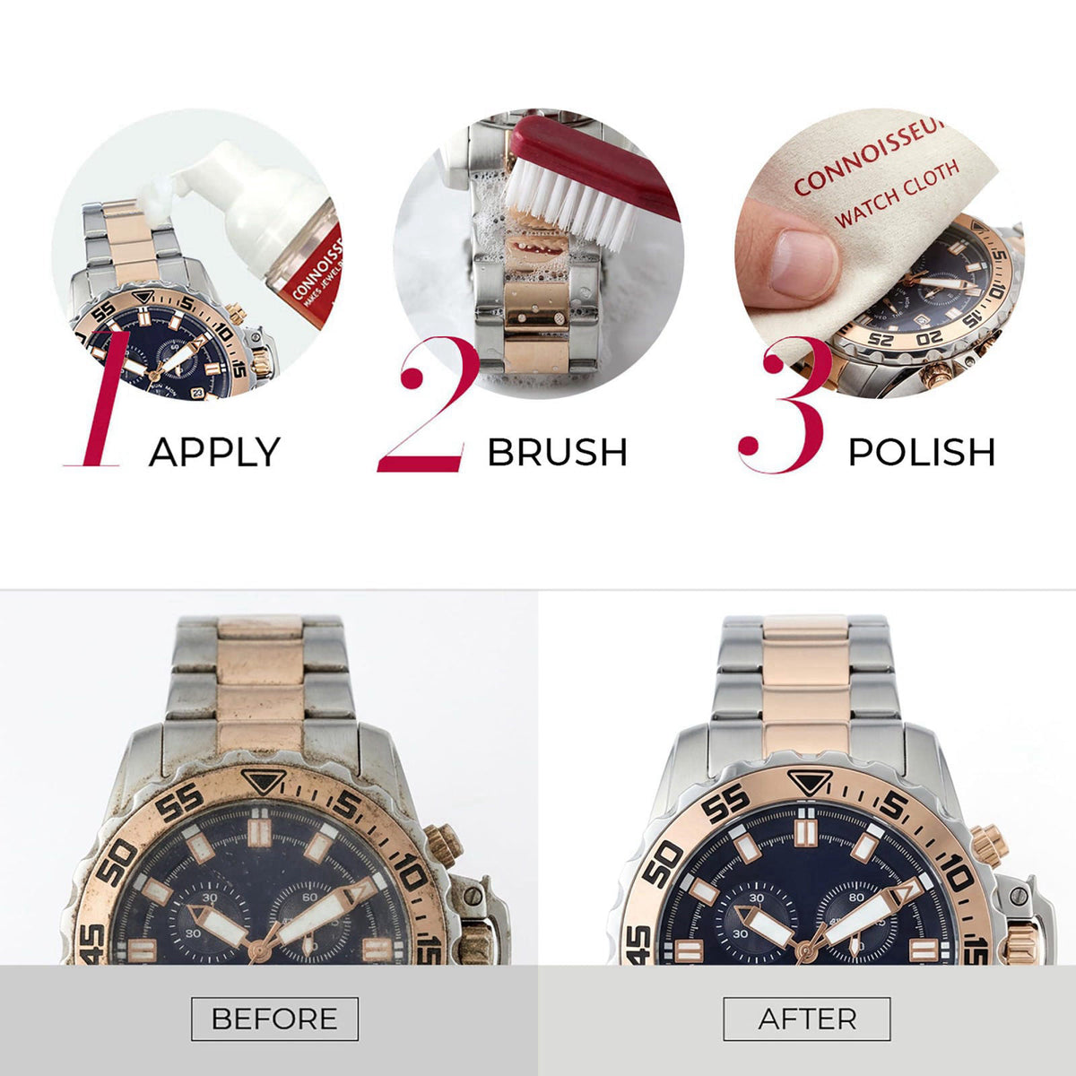 Connoisseurs 3-Piece Watch Cleaning Kit with Foam Cleanser, Brush and Cloth – close-up detail
