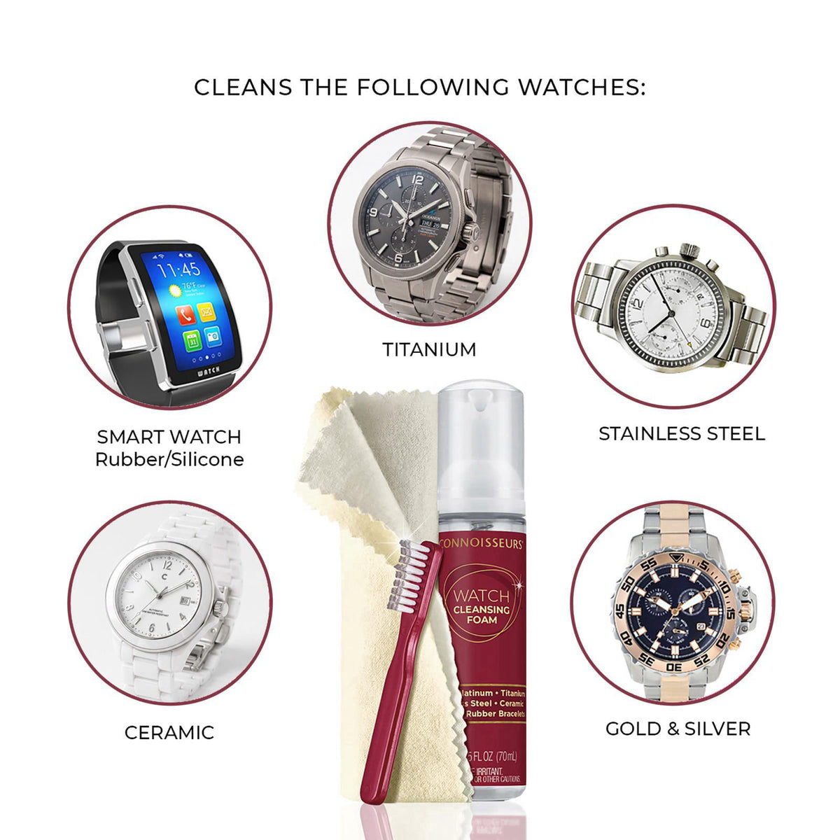 Connoisseurs 3-Piece Watch Cleaning Kit with Foam Cleanser, Brush and Cloth – packaging and label