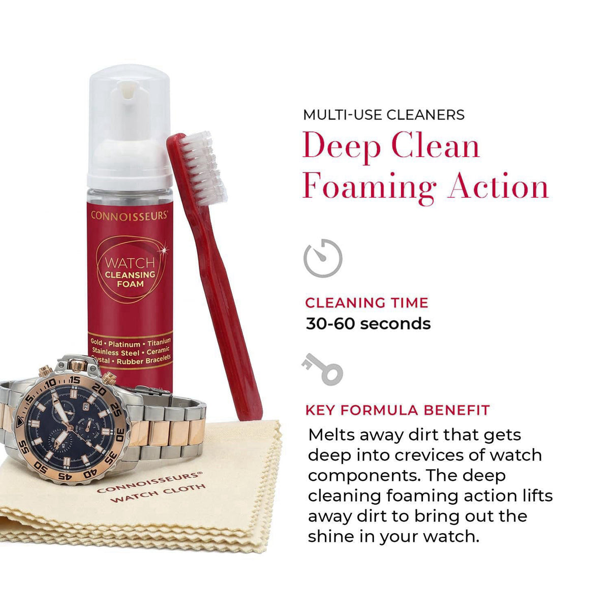 Connoisseurs 3-Piece Watch Cleaning Kit with Foam Cleanser, Brush and Cloth – full view, size Kit